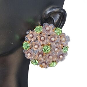 Vintage CRAFT Signed Floral Clip On Earrings Green Rhinestone Faux Pearl Boho
